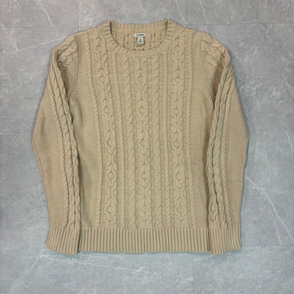 LL Bean Womens Tan Beige Cable Knit Crewneck Sweater Size M Regular 3055